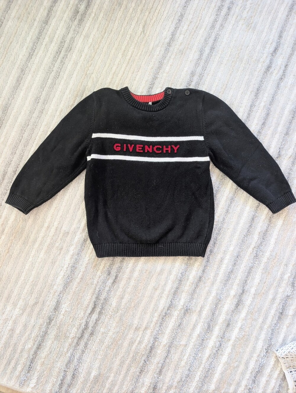 Givenchy Black Crewneck Sweater with Red Logo and White Stripes
